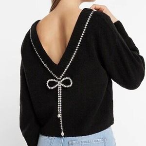 Express Bow Embellished Convertible Black Sweater
